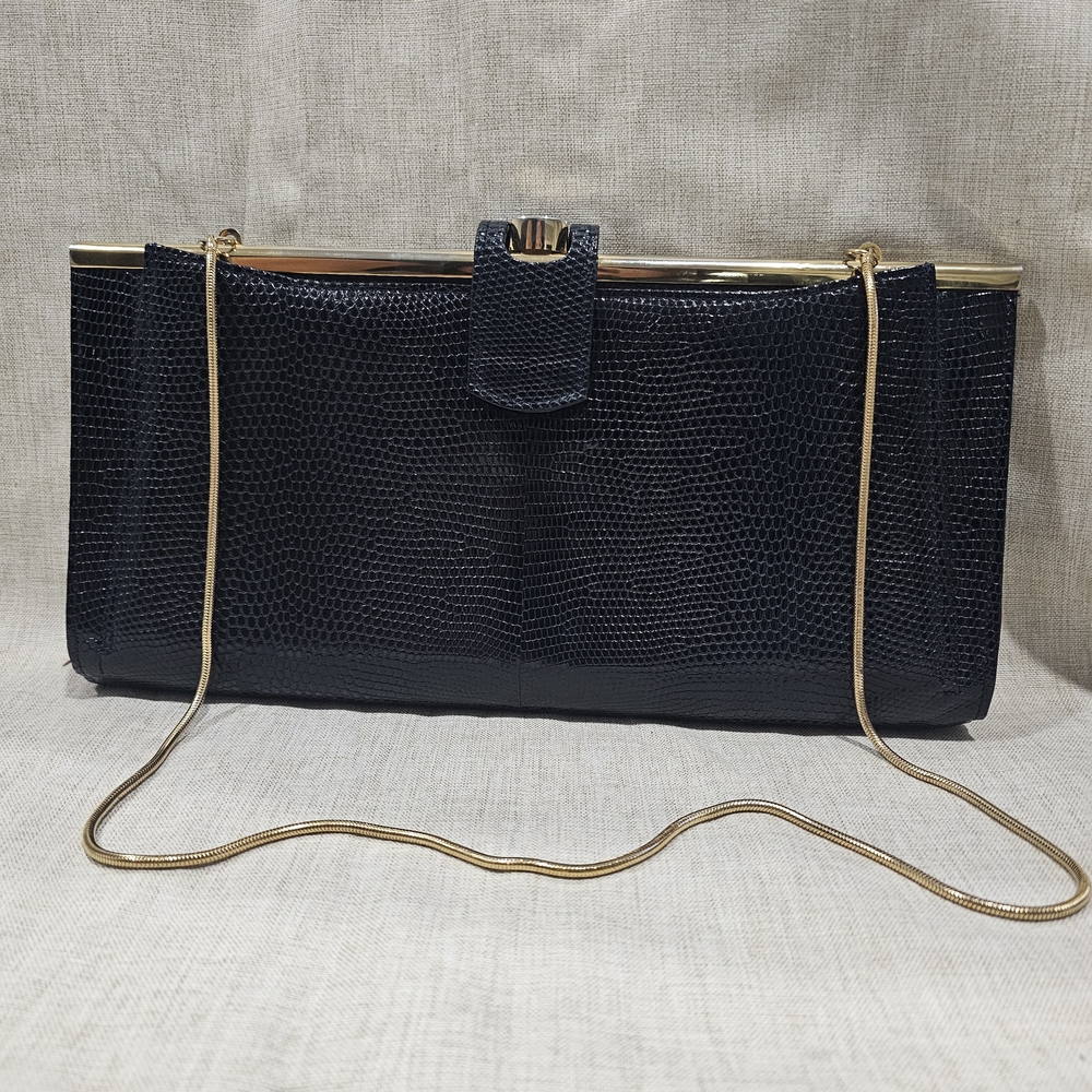 Berma Paris Lizard Skin Authentic Vintage Luxury Clutch Handbag Black And Gold